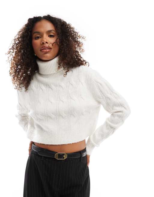 Tommy Jeans - Maglione lavorato a trecce con collo alto color bianco avena