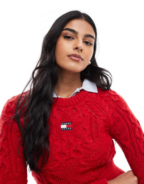 Tommy Jeans - Maglione lavorato a trecce e stelle rosso acceso - view 1