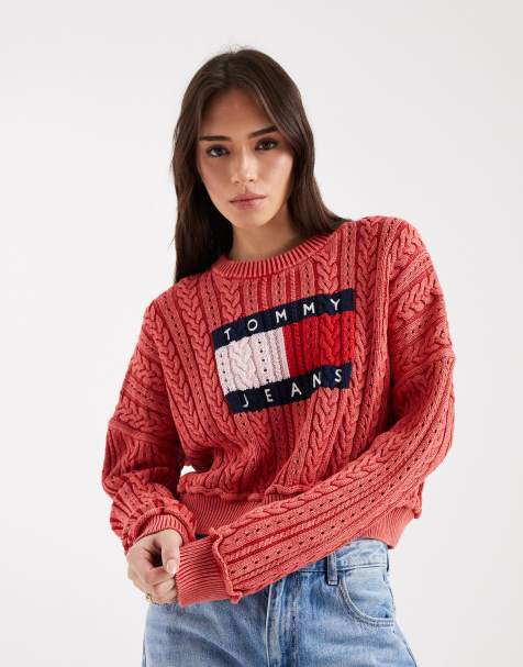 Tommy Jeans - Maglione lavorato a trecce rosso con logo a bandiera - view 1