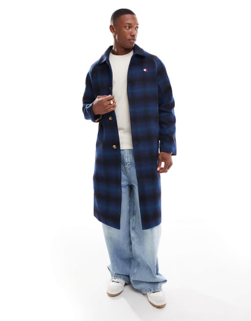 Tommy Jeans - Manteau long en laine - Bleu à carreaux