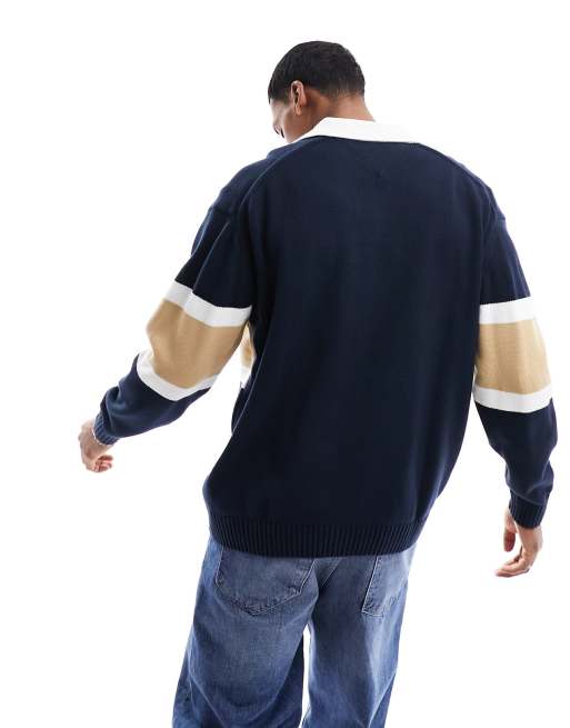 Tommy Jeans – Marinblå, avslappnad och stickad rugbytröja med cutaway-krage, 3 av 4