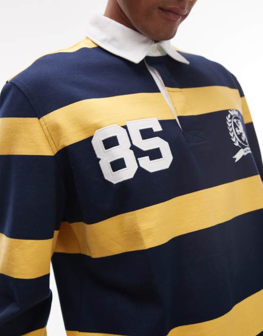 Tommy Jeans – Marinblå och gul, randig, sportig rugbytröja, 3 av 4