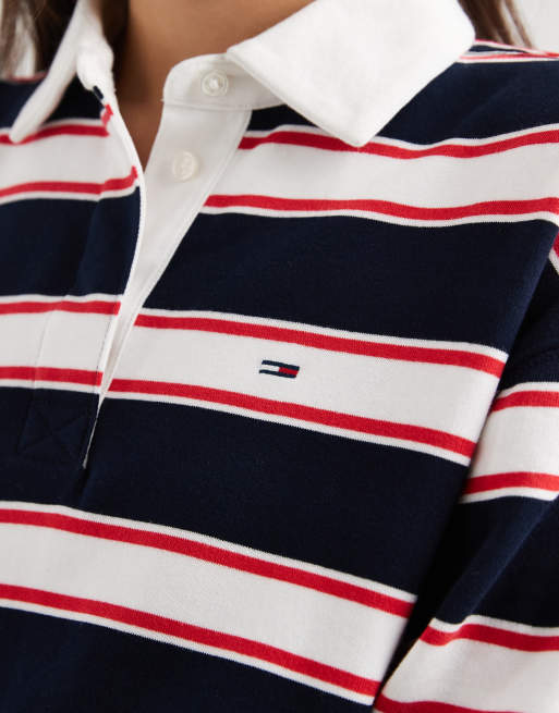 Tommy Jeans – Marinblå, randig, avslappnad rugbytröja med flagglogga, 4 av 5