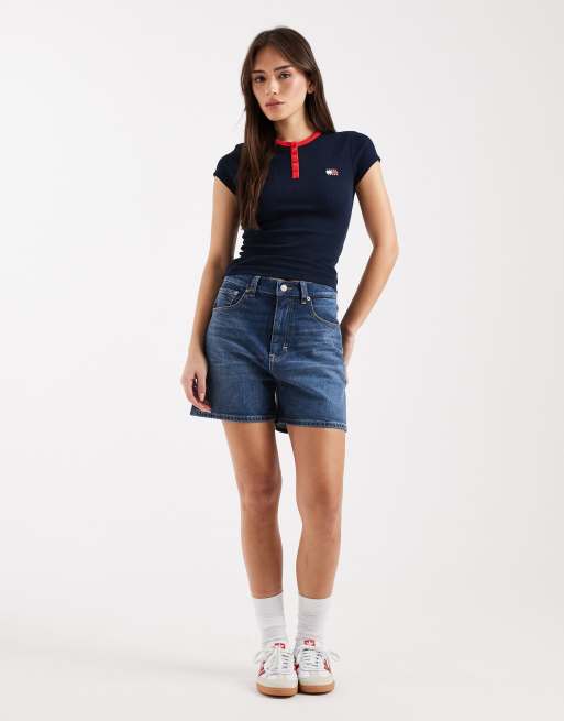 Tommy Jeans – Marinblå, smal t-shirt i henleystil med logga, 4 av 4