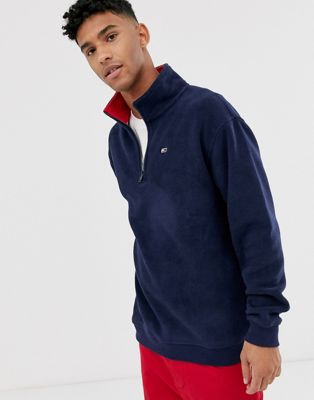 Tommy Jeans – Marinblå sweatshirt i fleece med halvlång dragkedja och liten logga
