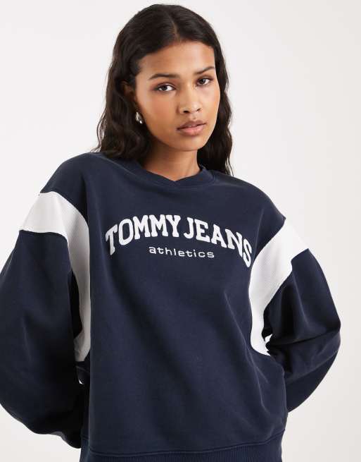 Tommy Jeans – Marinblå sweatshirt med rund halsringning, collegelogga och boxig passform, 4 av 4
