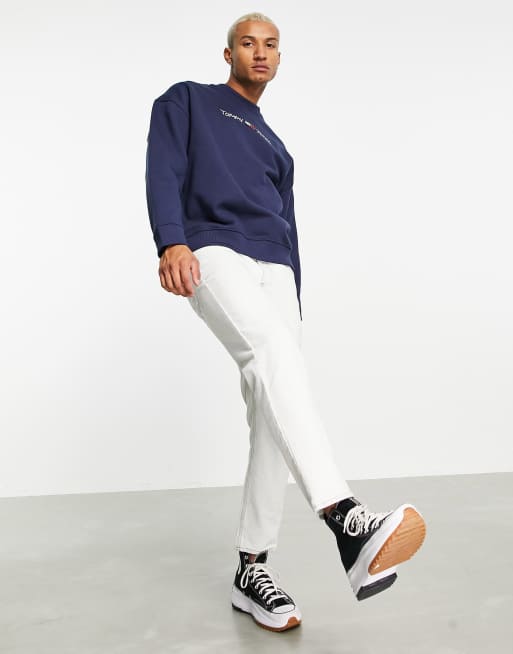 Tommy Jeans – Marinblå sweatshirt med rund halsringning och rak, broderad skriftlogga, 4 av 4