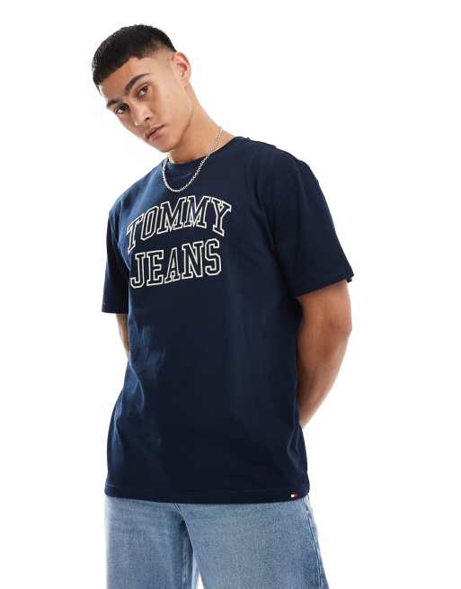 Tommy Jeans – Marinblå t-shirt med konturtext i vintagestil