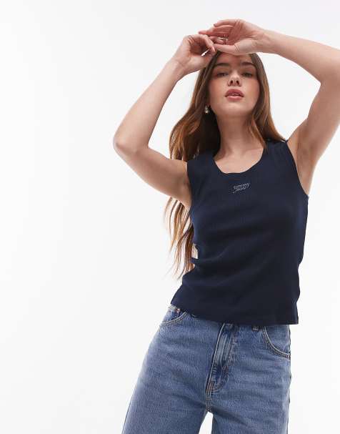 Tommy Jeans – Marinblått, ribbat linne med texttryck - view 1