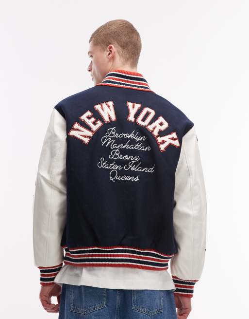 Tommy Jeans - Marineblå college-jakke med læderærmer og grafisk logomærke, 3 af 5