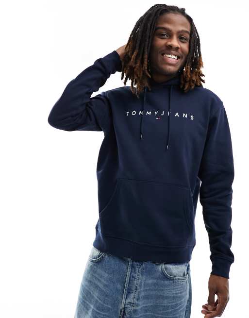 Tommy Jeans - Marineblå hættetrøje med lineært logo i Regular Fit