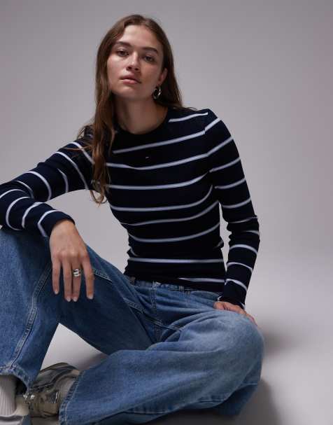 Tommy Jeans - Marineblå ribstrikket T-shirt med lange ærmer og striber - view 1