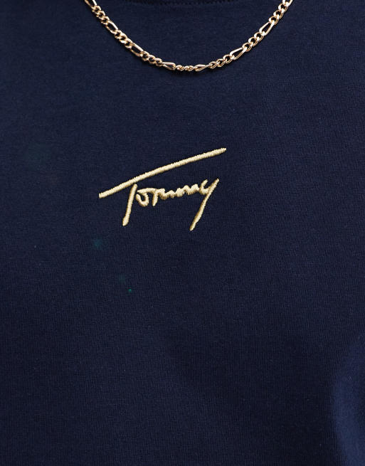 Tommy Jeans - Marineblå T-shirt med centreret guldfarvet logo, 3 af 4