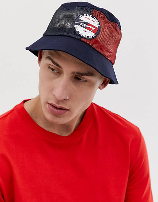 Tommy Jeans mesh bucket hat with signature logo in navy | ASOS