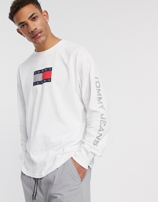 Tommy Jeans metallic capsule chest flag logo long sleeve top in white