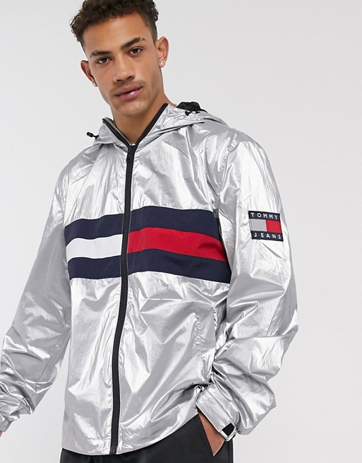 Tommy Jeans metallic capsule flag chest hooded jacket in metallic