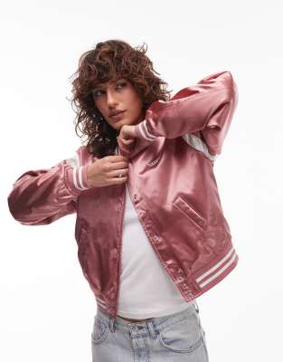 metallic varsity jacket in pink