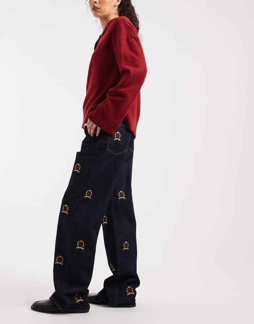 Tommy Jeans Mia all over crest relaxed straight jeans in dark indigo wash, 2 of 5
