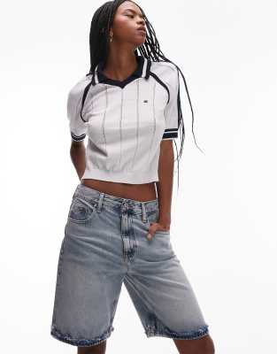 Mia - Bermuda décontracté en denim délavé-Bleu W24