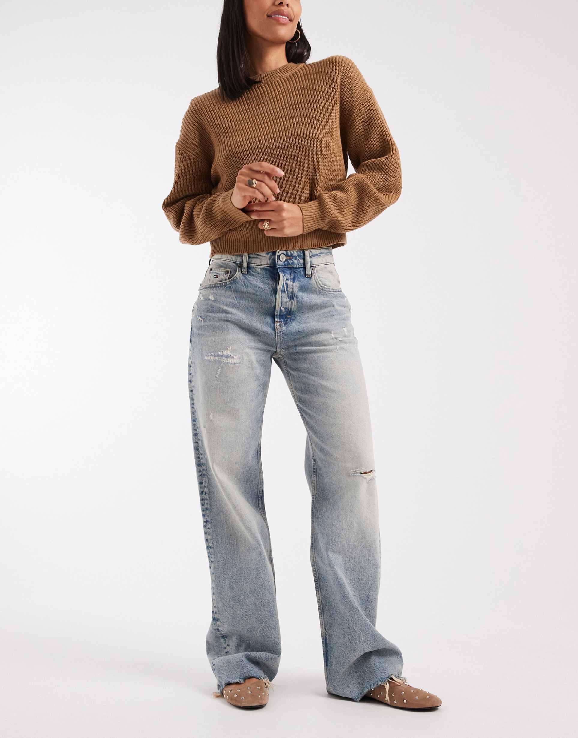 tommy jeans mia distressed mid rise relaxed straight leg jeans in light wash