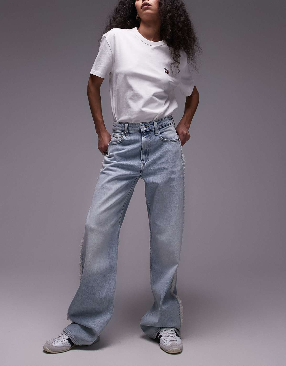 Tommy Jeans Mia mid rise relaxed straight jeans with frayed seams in ultra light wash