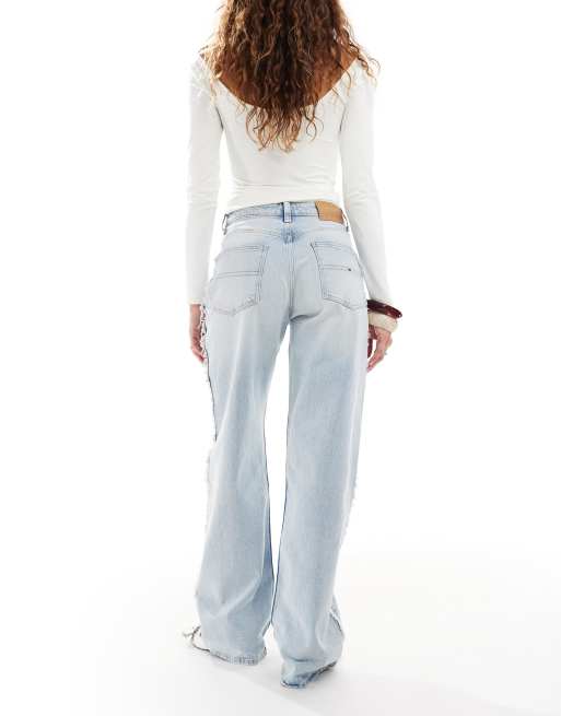 Tommy Jeans Mia mid rise relaxed straight jeans with frayed seams in ultra light wash