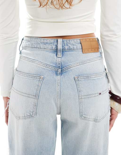 Tommy Jeans Mia mid rise relaxed straight jeans with frayed seams in ultra light wash