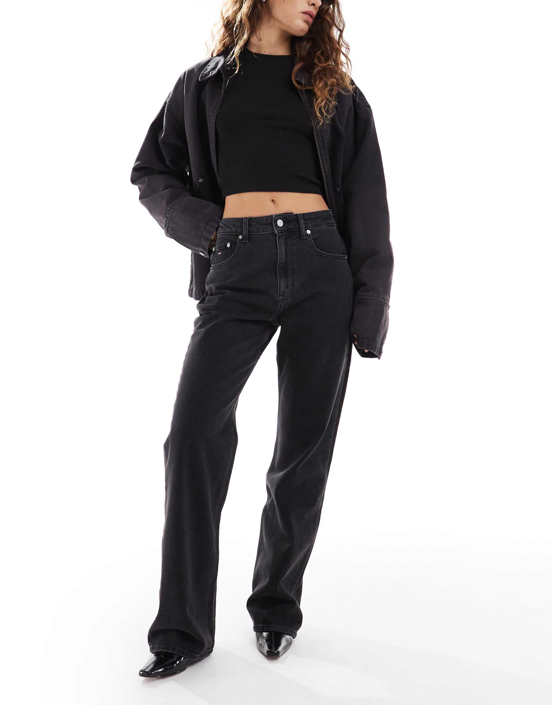 tommy jeans mia mid rise relaxed straight leg jeans in black wash