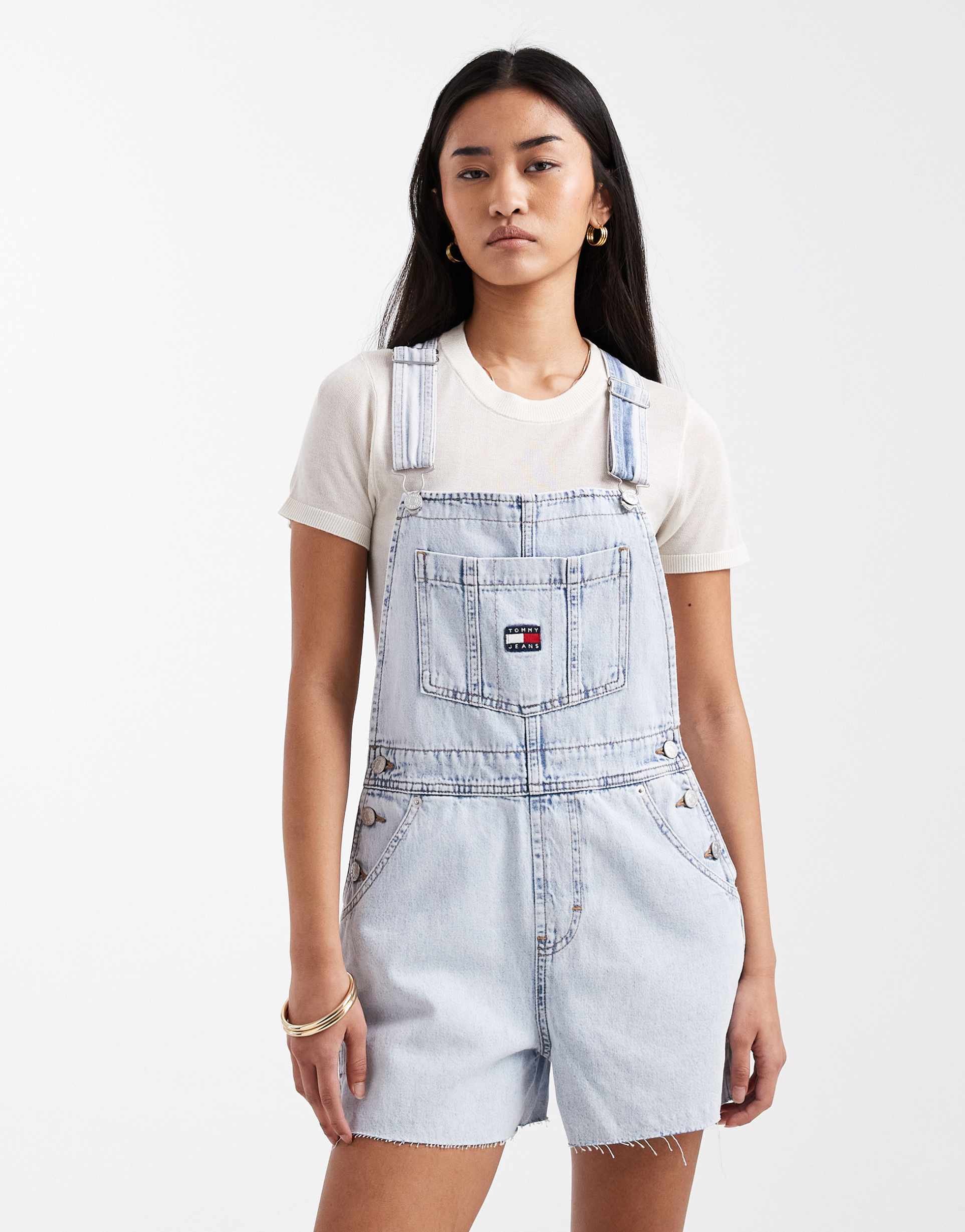 tommy jeans mia shortalls in light wash blue