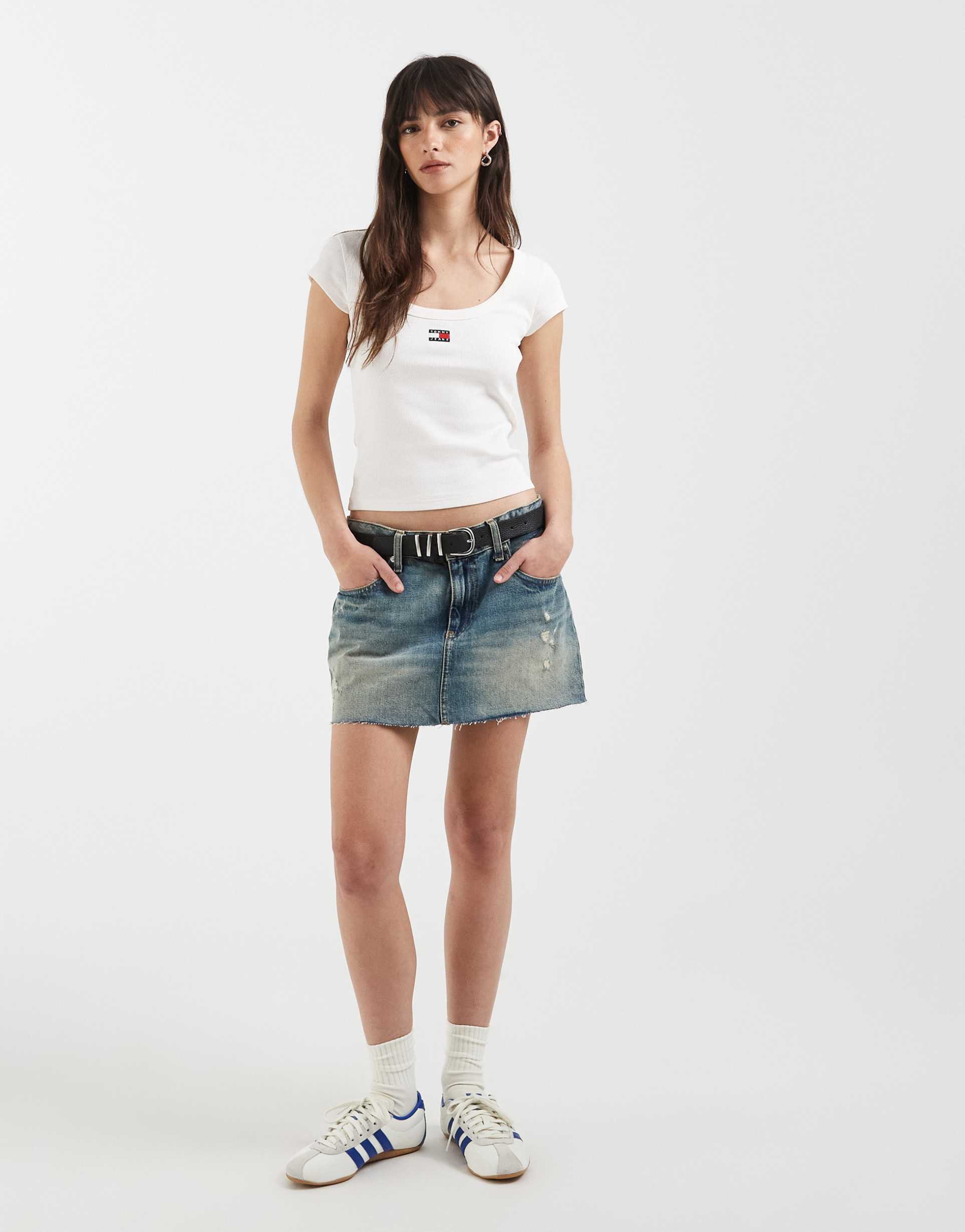 tommy jeans micro denim skirt in mid-wash blue