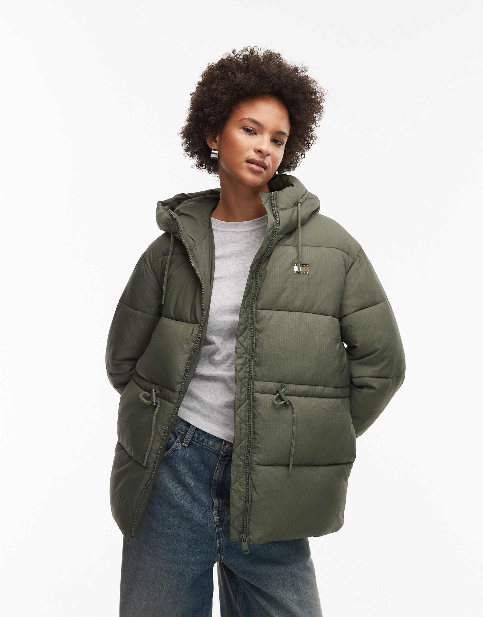 tommy jeans midi puffer jacket in green