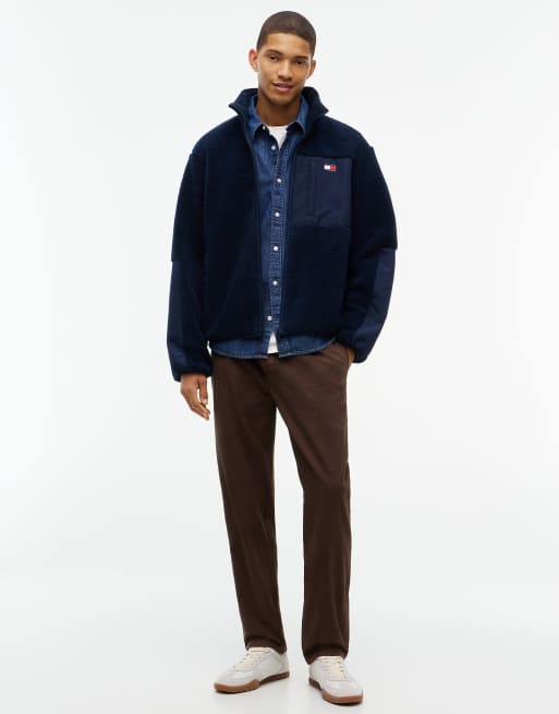 Tommy Jeans Mixed texture teddy fleece jacket in dark blue, 2 of 6