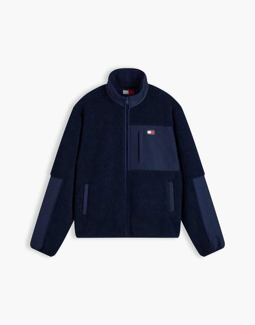 Tommy Jeans Mixed texture teddy fleece jacket in dark blue, 5 of 6