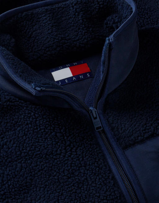 Tommy Jeans Mixed texture teddy fleece jacket in dark blue, 6 of 6