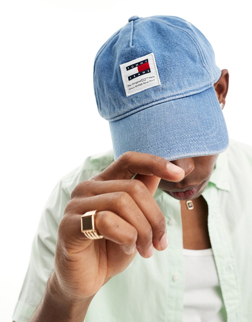 Tommy Jeans modern patch logo denim cap in mid wash-Blue