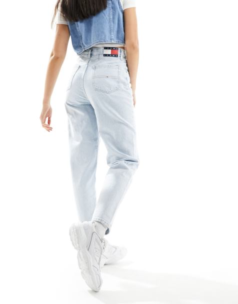 Jeans Affusolati In Vita Con Bottoni Regolabili Blu, Pantaloni In Denim Con  Tasche Oblique E Gambe Dritte, Jeans E Abbigliamento In Denim Da Donna