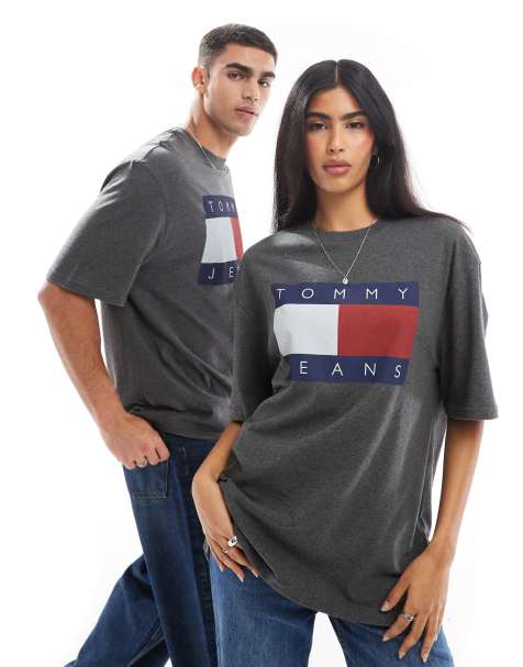 Tommy Jeans – Mörkgrå t-shirt i unisex-modell med stor flagglogga - view 1
