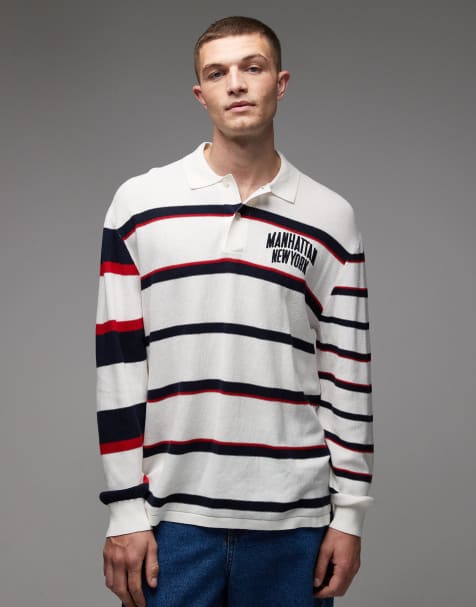 Tommy Jeans – Naturvit, marinblårandig, stickad sweatshirt med pikékrage - view 1