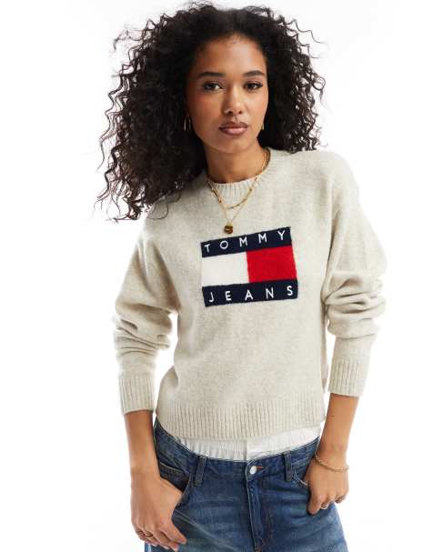 Tommy Jeans – Naturvit, melerad tröja med flagglogga - view 1