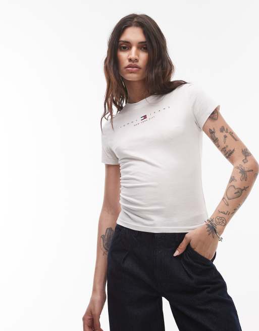 Tommy Jeans – Naturvit t-shirt med linjär USA-logga, 4 av 4