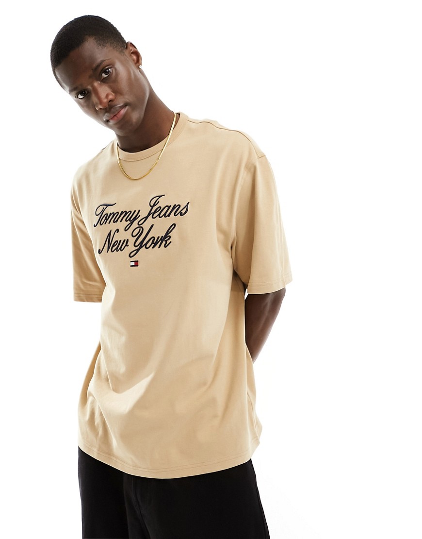 Tommy Jeans new york script logo t-shirt in sand-Neutral