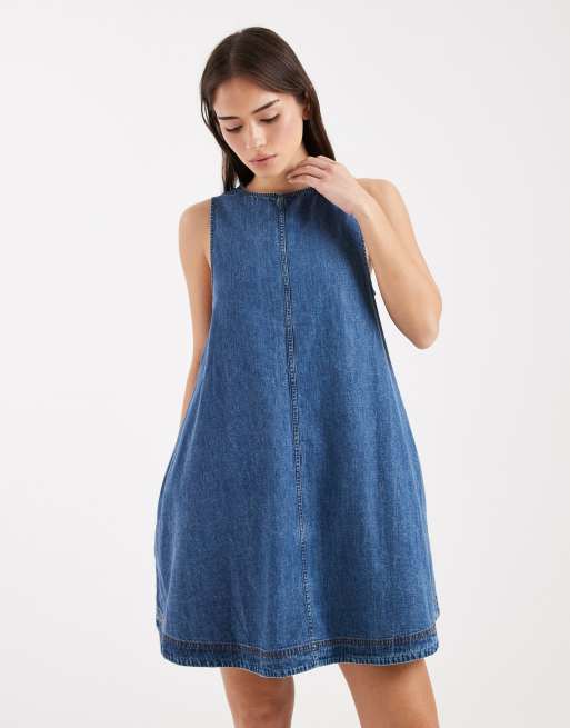 Tommy Jeans – Niebieska trapezowa sukienka mini z tkaniny chambray, 4 z 4