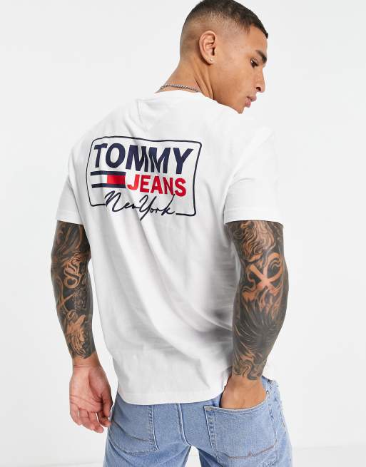 Tommy Jeans NY script logo back box ASOS white T-shirt in print 