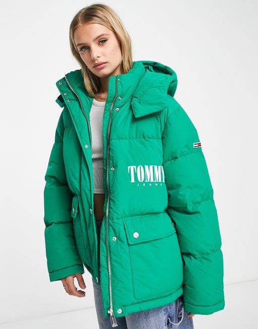 Tommy Jeans nylon a line hooded padded jacket in green