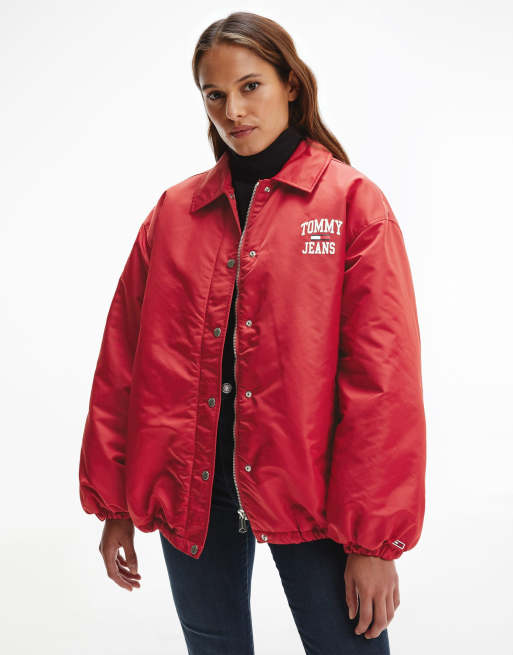 Tommy Jeans nylon collegiate logo jacket in red | ASOS