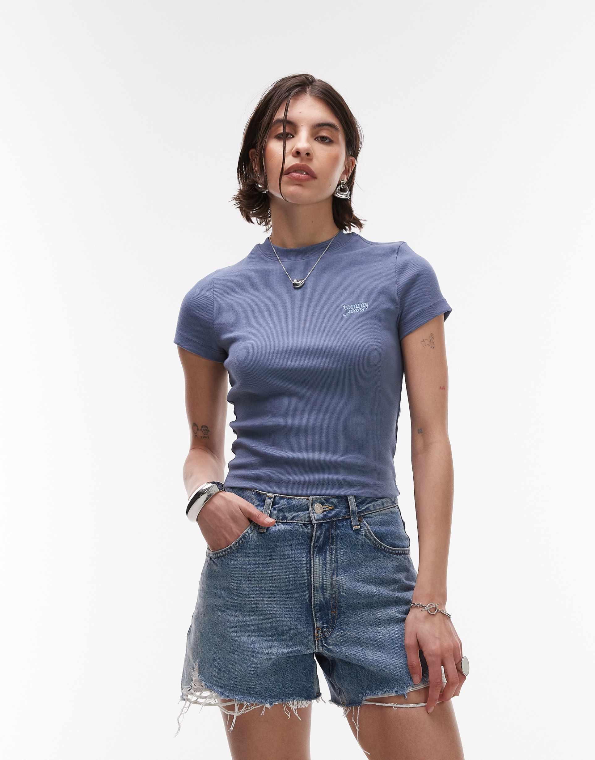 tommy jeans off-center script logo t-shirt in blue heather
