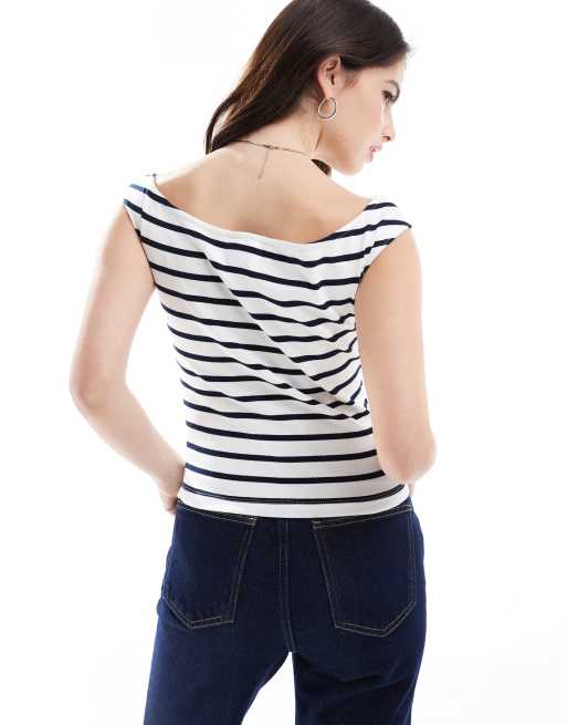 Tommy Jeans off shoulder top in white and navy stripe, 2 of 4
