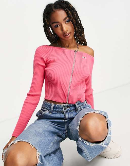 Tommy Jeans off the shoulder zip top in pink ASOS