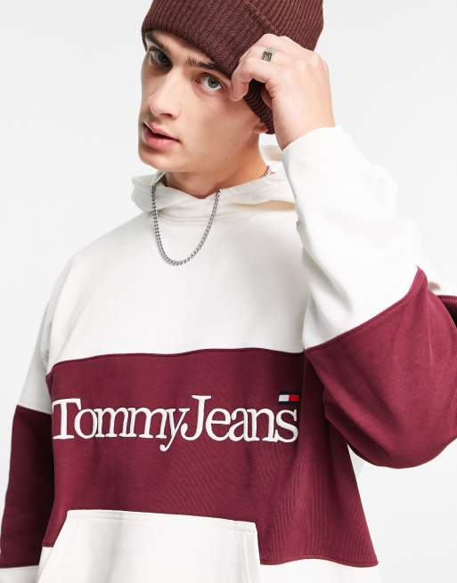 Tommy Jeans - Offwhite hættetrøje i skater-pasform med lineært serif-logo og farveblok