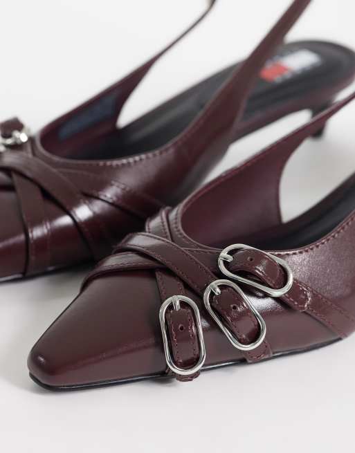 Tommy Jeans Olimpia leren slingback kitten heels met gespen in bordeauxrood, 2 van 4